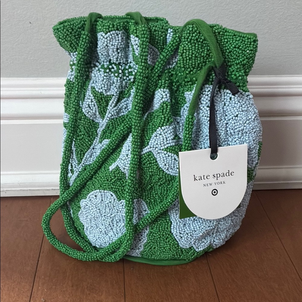 kate spade Green and Light Blue Beaded Floral Drawstring Wristlet